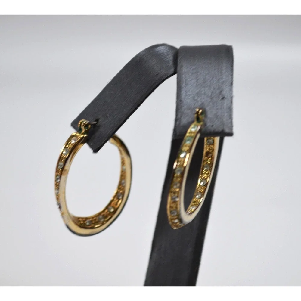 Vintage Gold Tone w/ Clear‎ Rhinestone Oval Hoop Earrings 1.25